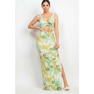 Floral Print Cutout Maxi Dress with Front Tie Detail